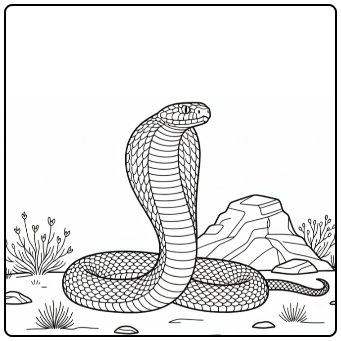 Cobra coloring page showing a raised snake in the desert