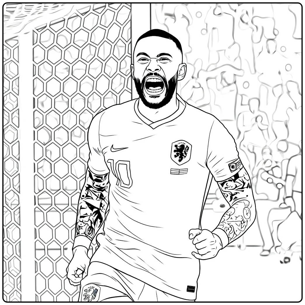 Cody Gakpo coloring page featuring a Netherlands goal celebration