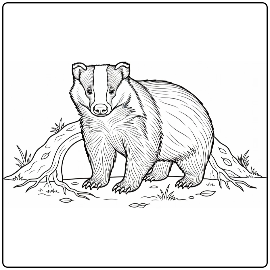 Badger coloring page featuring a badger by its den