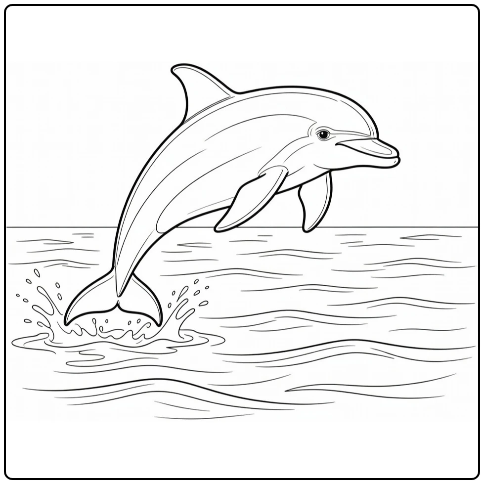 Dolphin coloring page showing a dolphin above the ocean