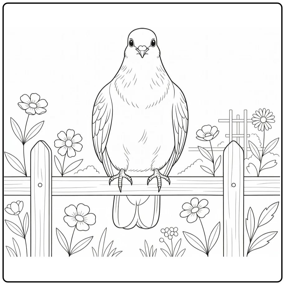 Pigeon coloring page showing a bird on a fence