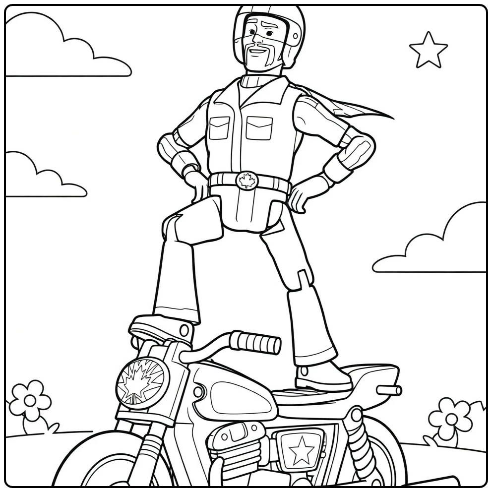 Duke Caboom coloring page superheld on motorfiets with clouds