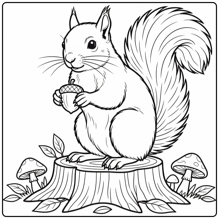 Squirrel coloring page featuring a squirrel on a stump