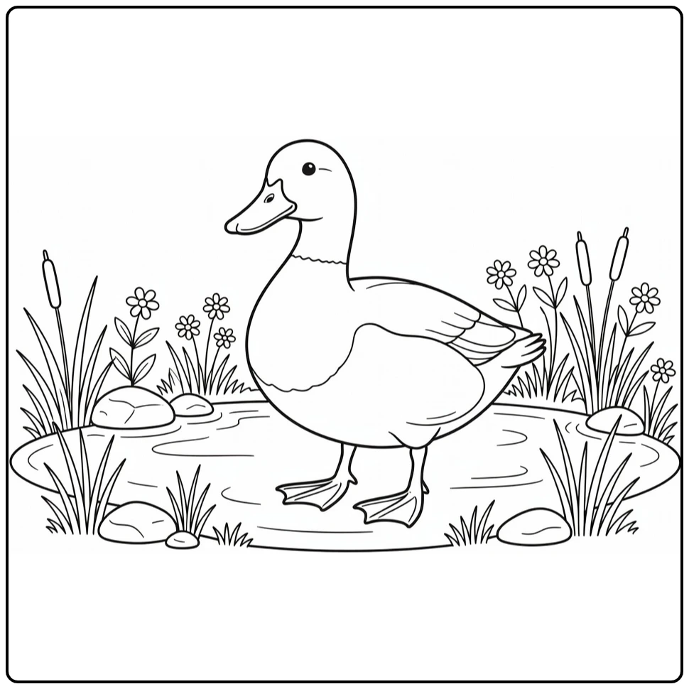 Duck coloring page featuring a duck by a pond