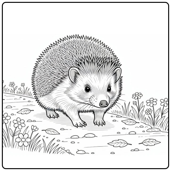 Hedgehog coloring page showing a hedgehog on a garden path
