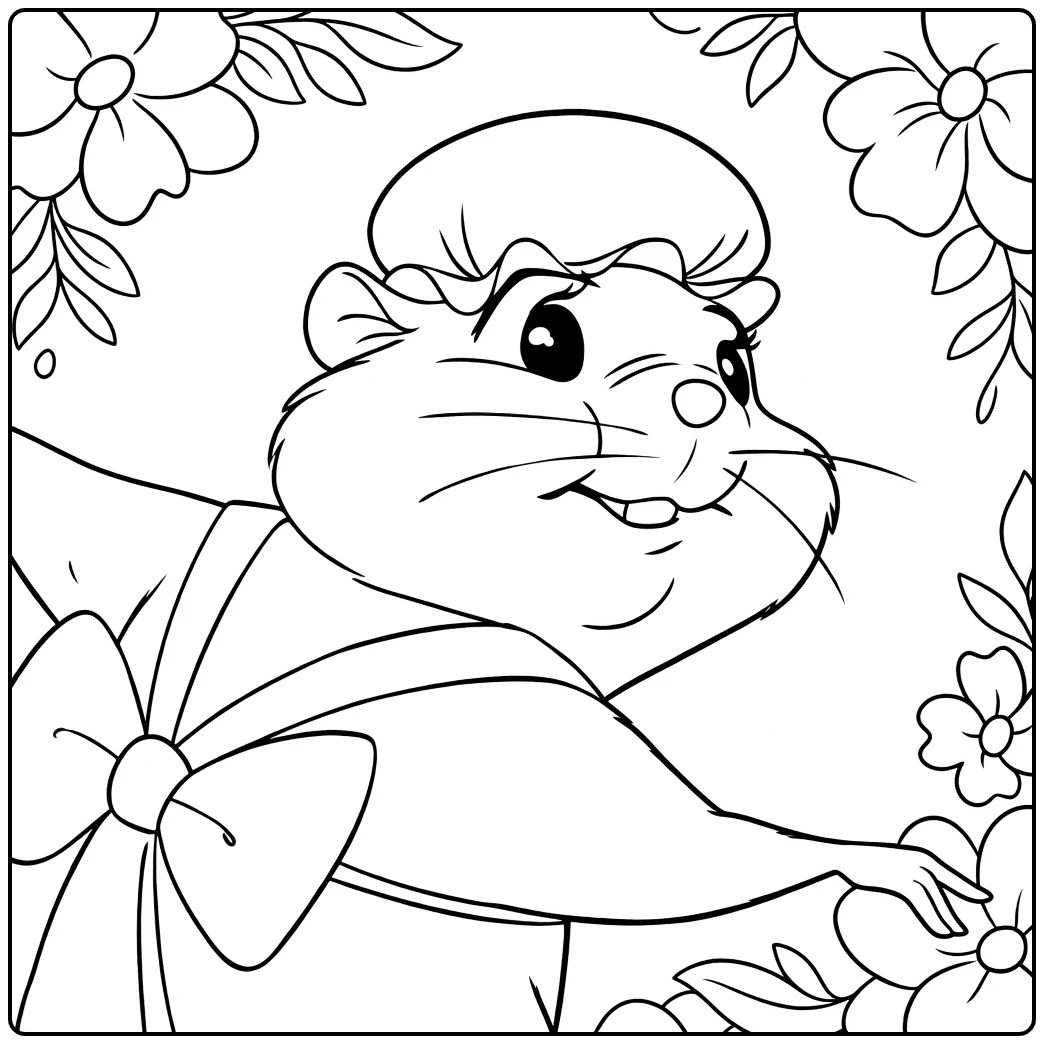 ellie Mae Hamster with Strik and Flowers coloring page