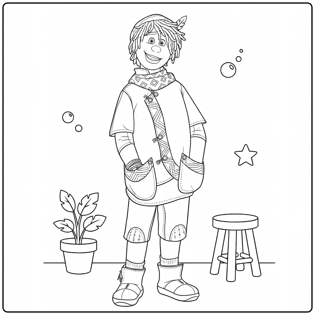 Ethan Clade coloring page showing the young adventurer beside a plant