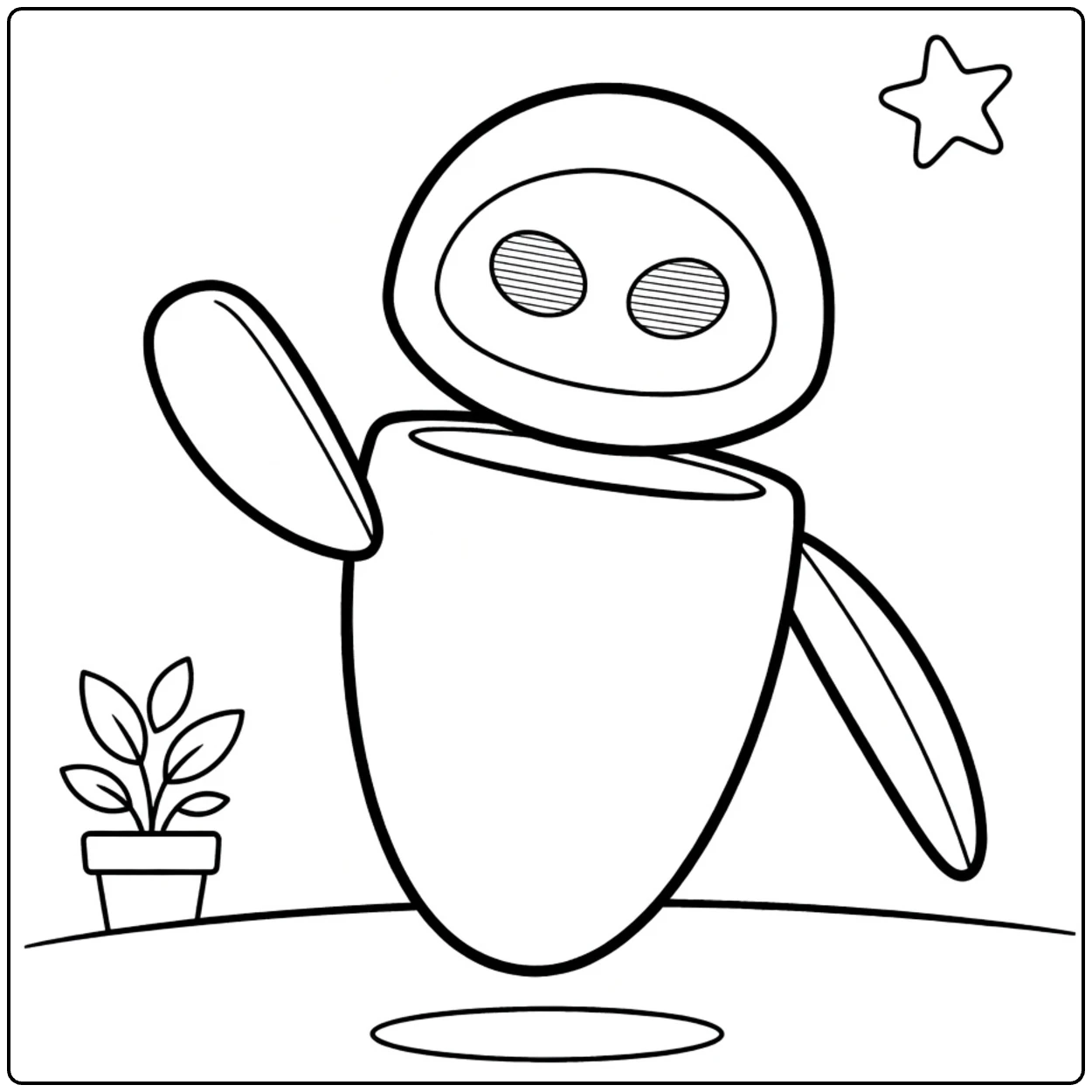 EVE coloring page robot with plant pot and ster for kids