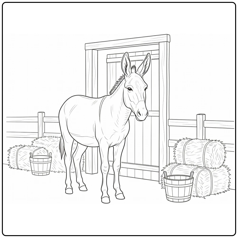 Donkey coloring page featuring a donkey by the stable