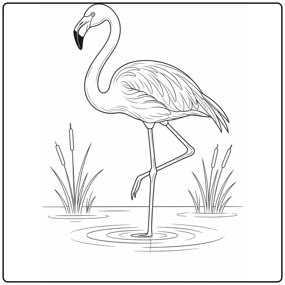 Flamingo coloring page featuring a bird in shallow water