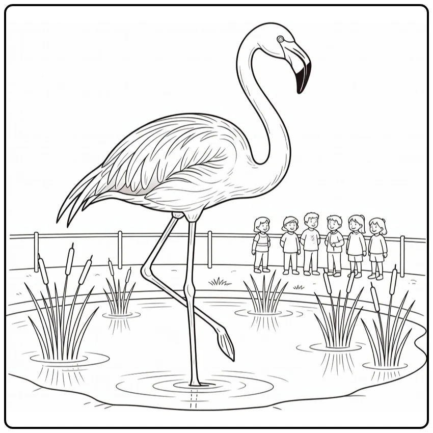 Zoo coloring page showing a flamingo in a shallow pond