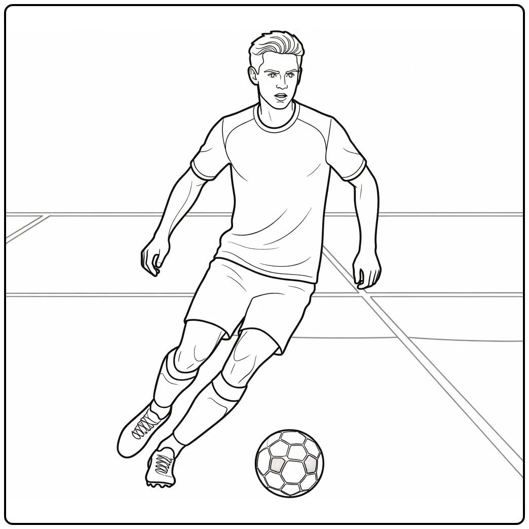 Frenkie de Jong coloring page showing him dribbling through midfield