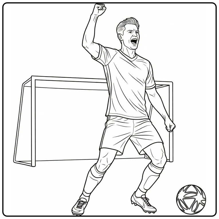 Frenkie de Jong coloring page capturing a fist-raised goal celebration