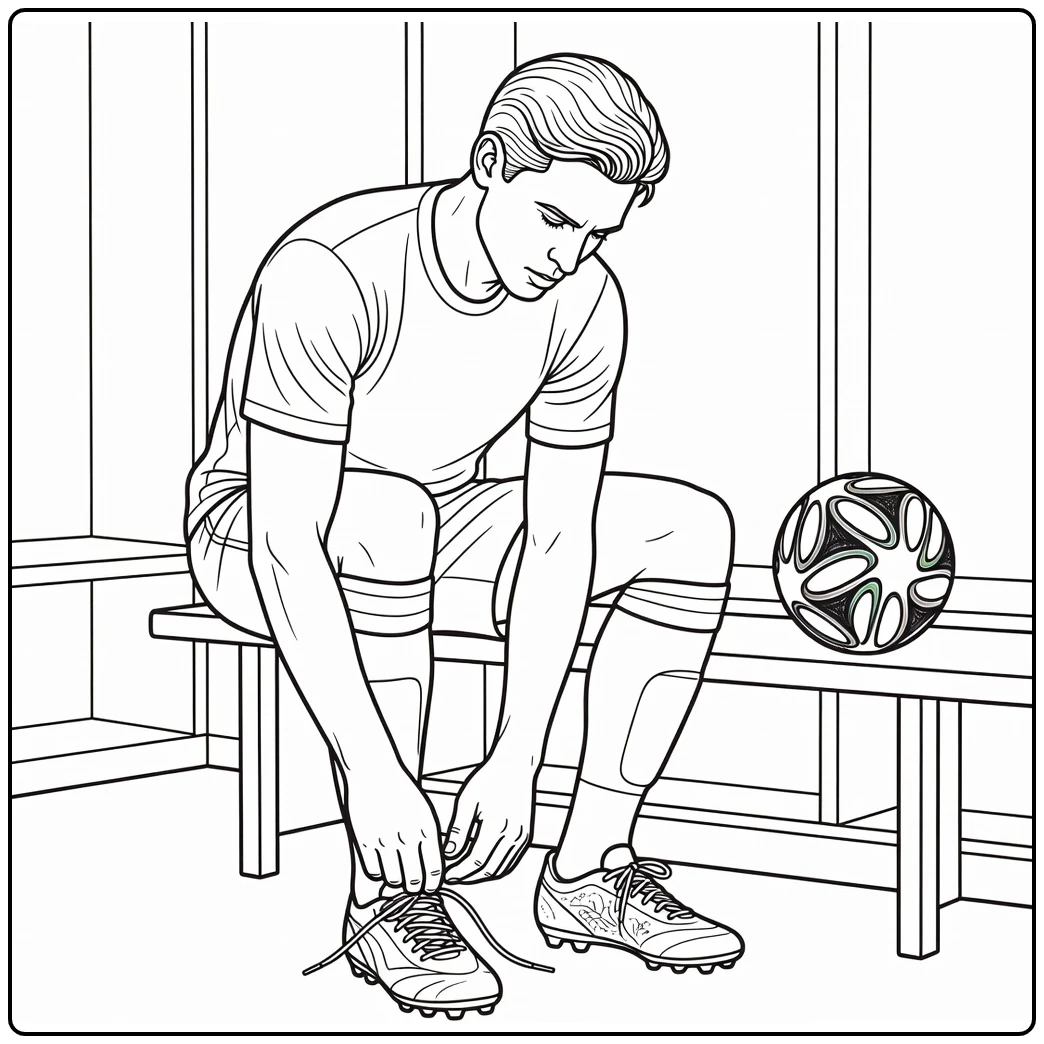 Locker room coloring page with Frenkie de Jong tying his cleats