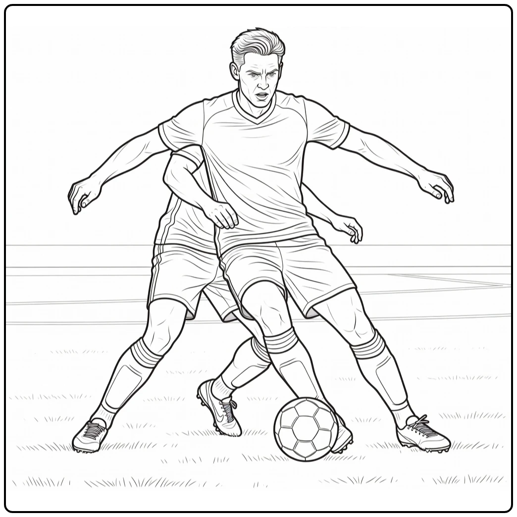 Action coloring page of Frenkie de Jong pressing for the soccer ball
