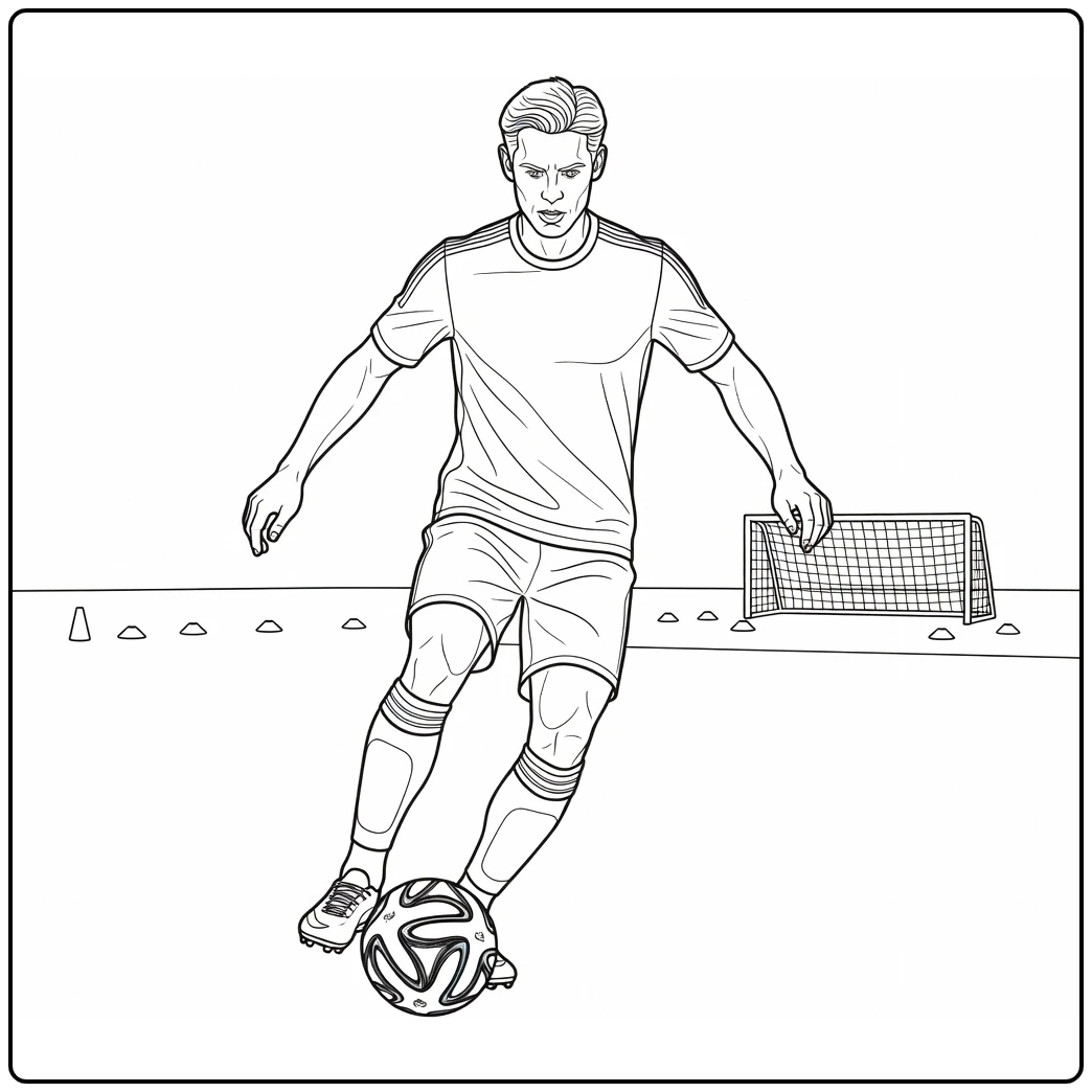 Warm-up coloring page with Frenkie de Jong practicing his first touch