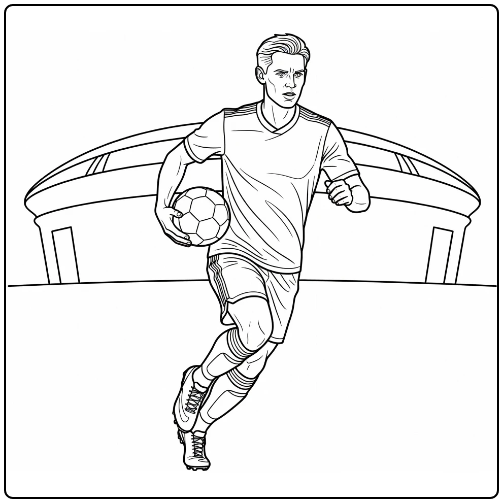 Midfield coloring page of Frenkie de Jong running forward with the ball