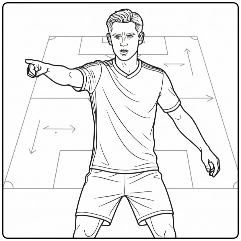 Playmaker coloring page of Frenkie de Jong directing the midfield