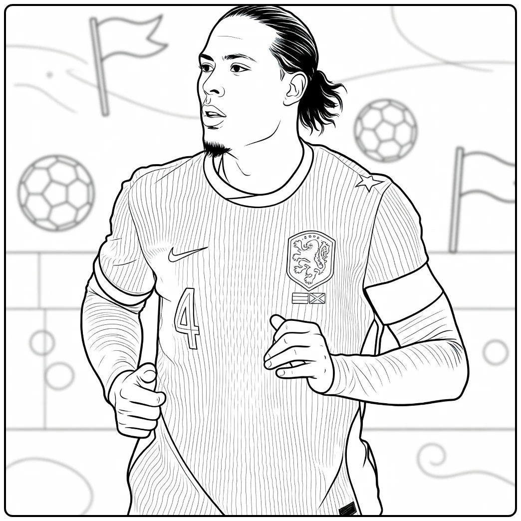 Virgil van Dijk coloring page featuring him in a Netherlands kit