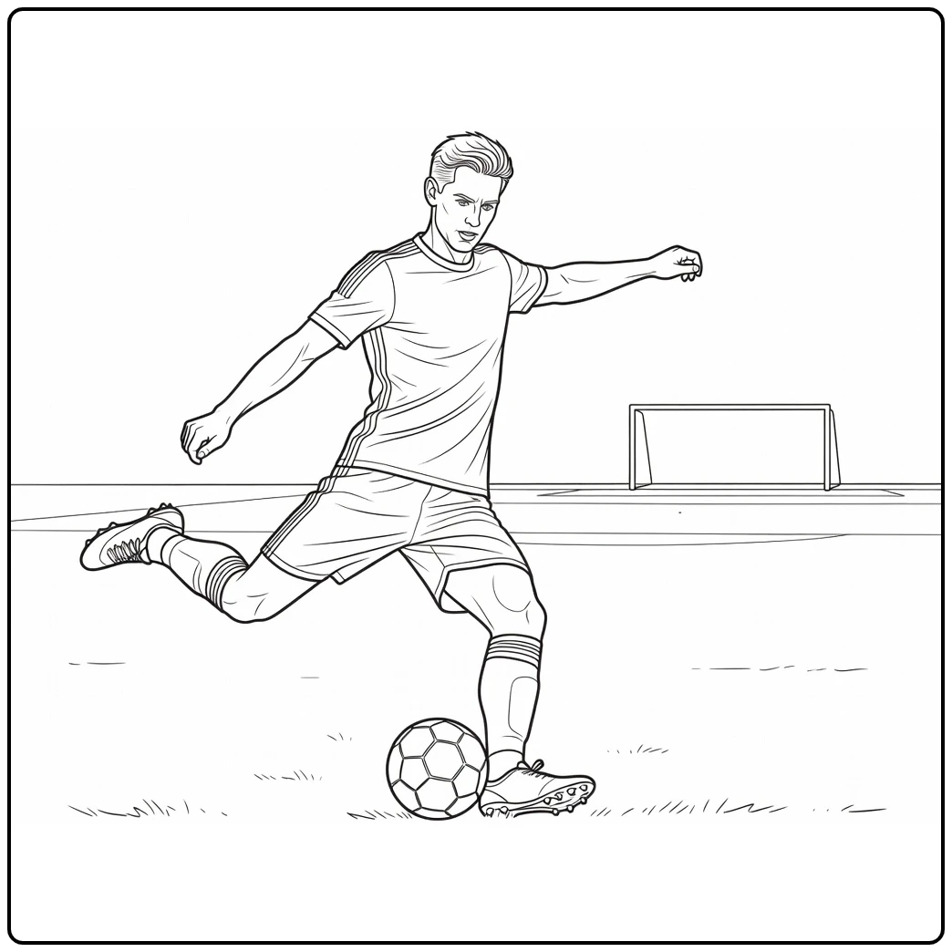 Frenkie de Jong coloring page showing a long diagonal soccer pass