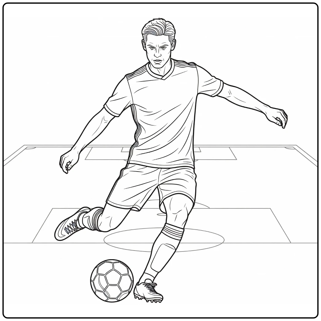Passing coloring page of Frenkie de Jong moving the ball to a teammate