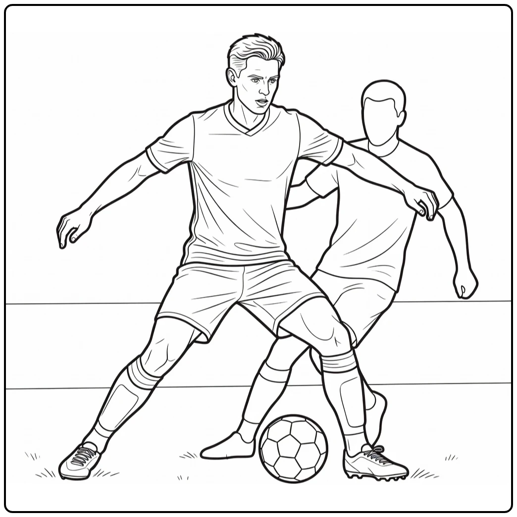 Frenkie de Jong coloring page as he shields the soccer ball from an opponent