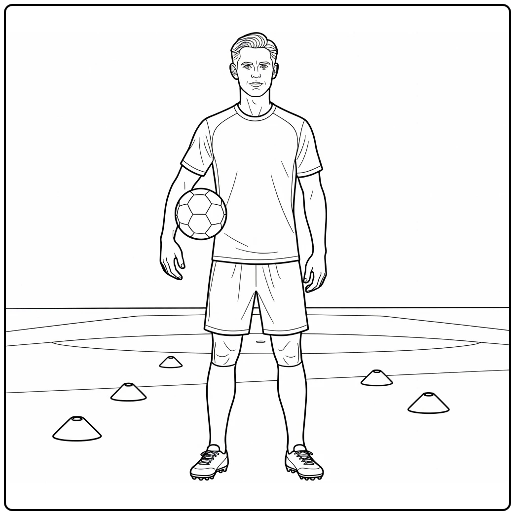 Training coloring page with Frenkie de Jong holding a ball on the practice field