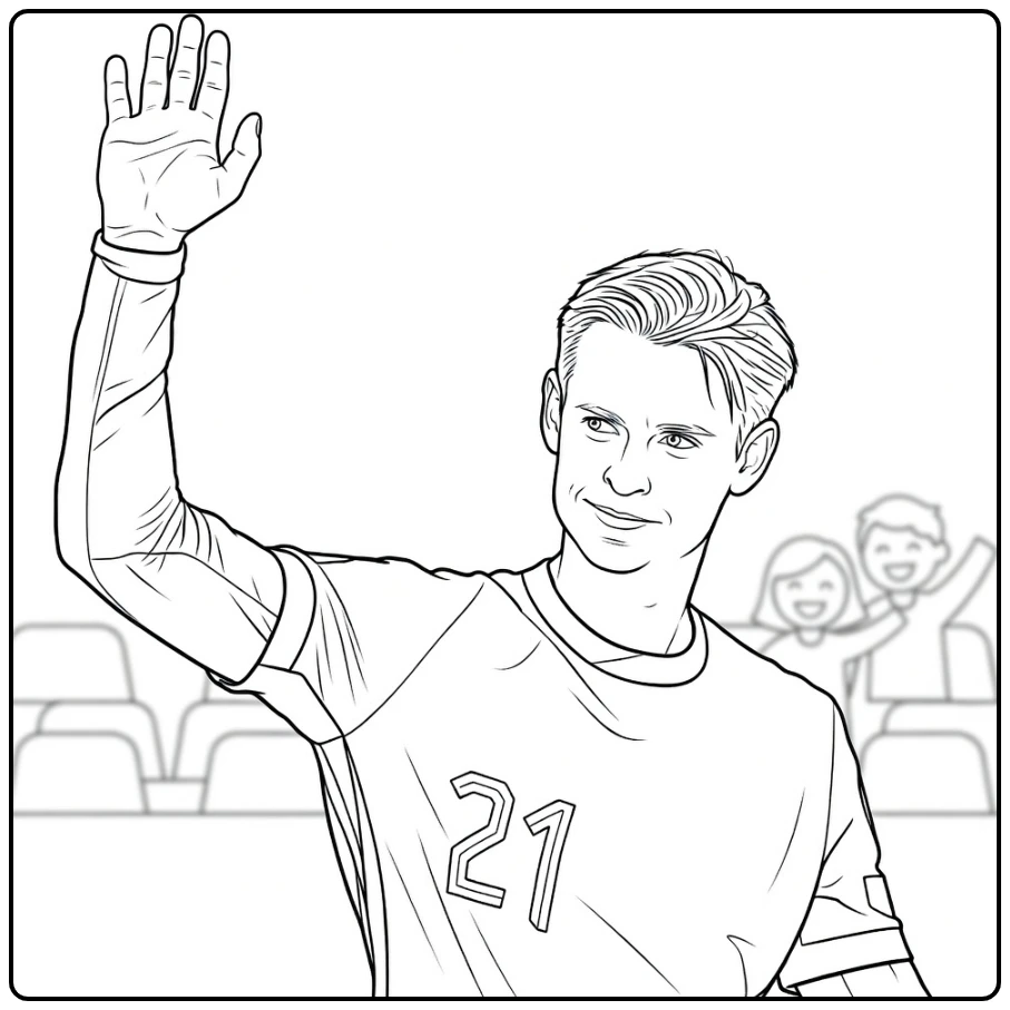 Frenkie de Jong coloring page showing him waving in the stadium