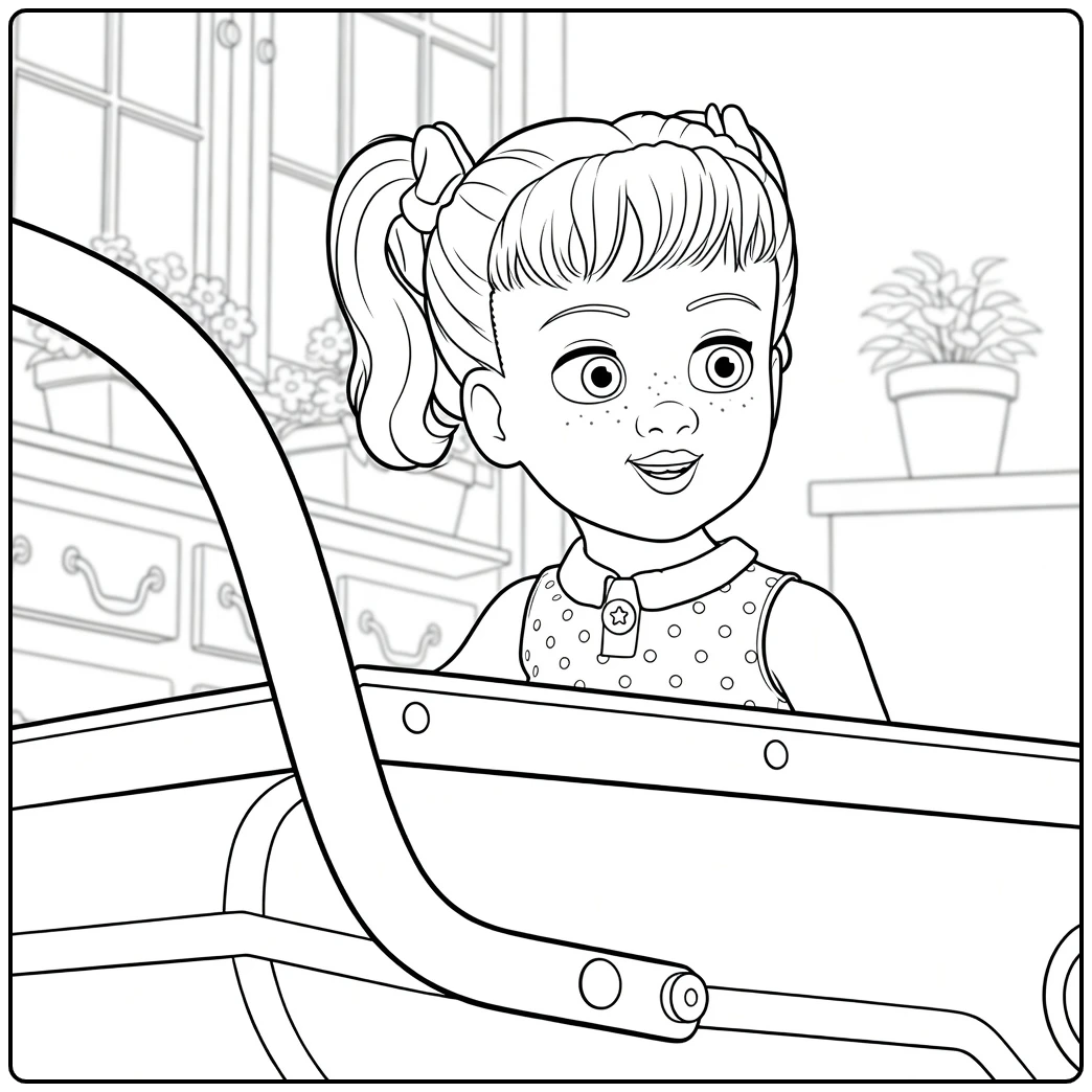 Gabby Gabby coloring page of meisje with staartjes in kar