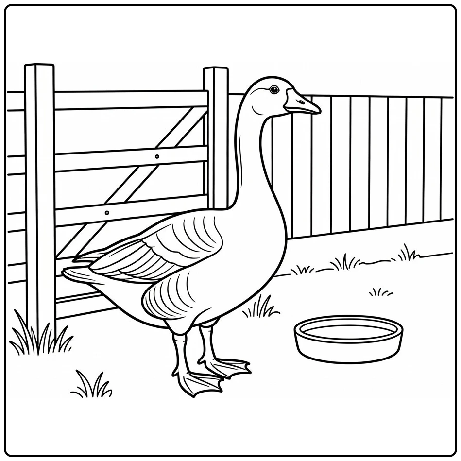 Goose coloring page featuring a goose by a fence