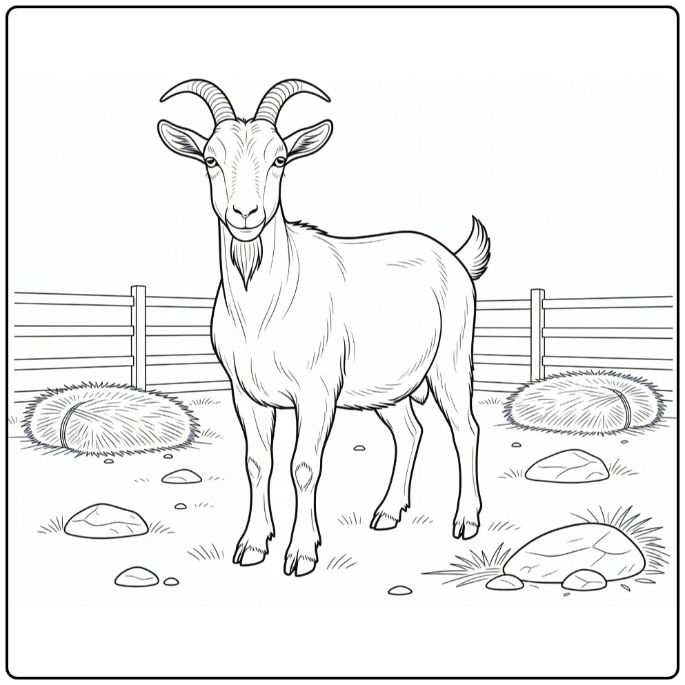 Goat coloring page showing a goat by a fence