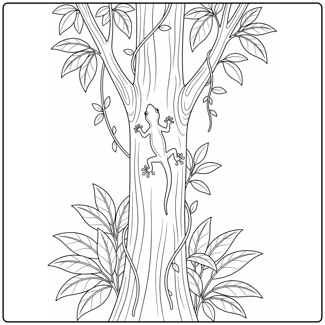 Gecko coloring page showing a lizard climbing a tree
