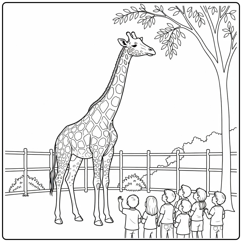 Zoo coloring page featuring a giraffe reaching for leaves