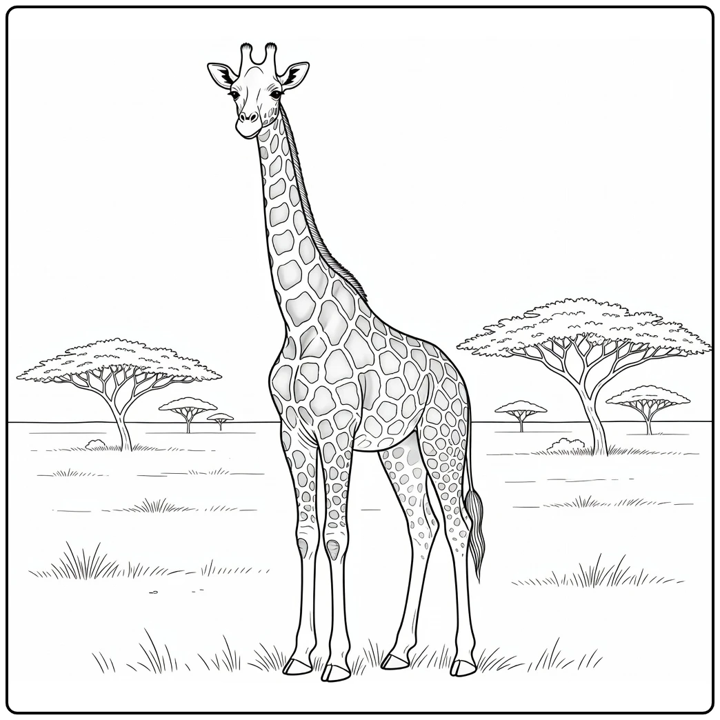 Giraffe coloring page showing a wild animal on grassland