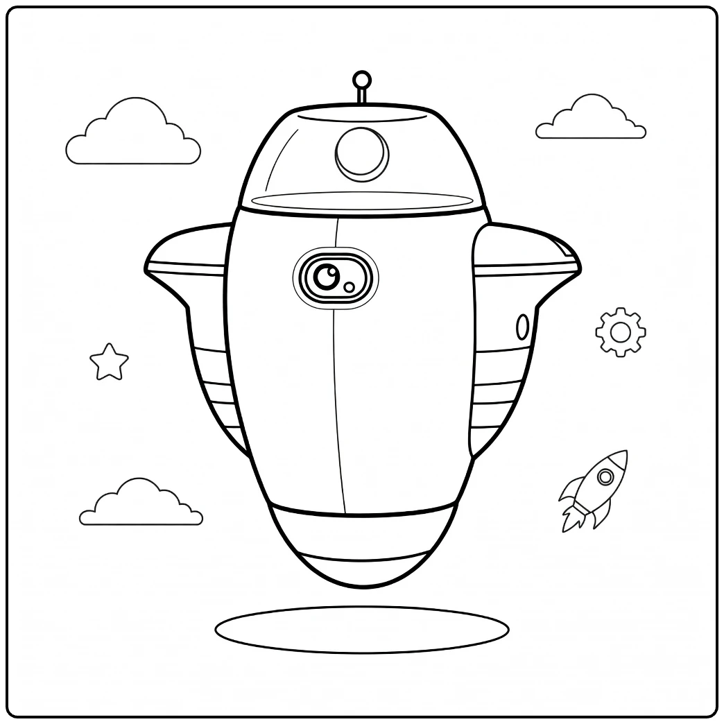 GO 4 coloring page cute robot with wolken and raket