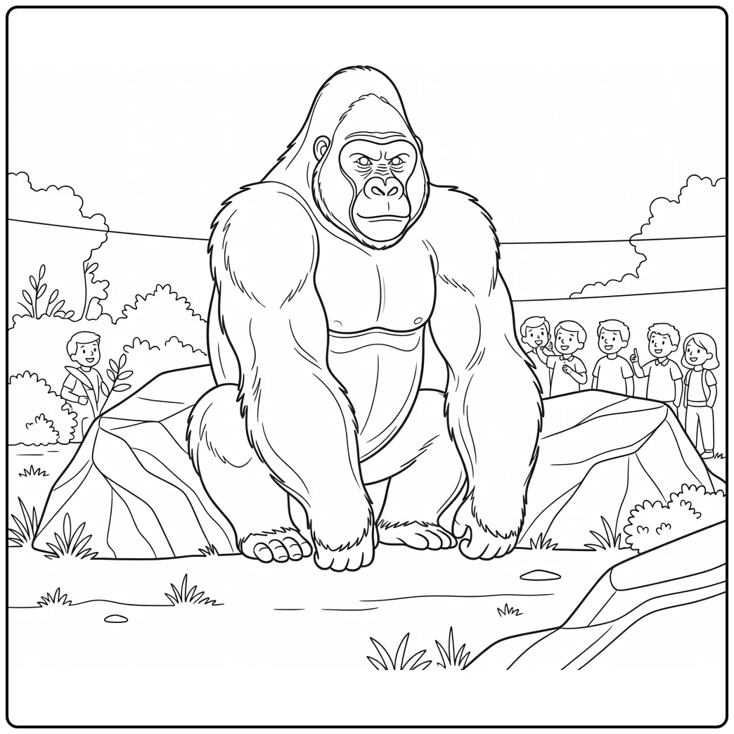 Zoo coloring page featuring a gorilla by a rock