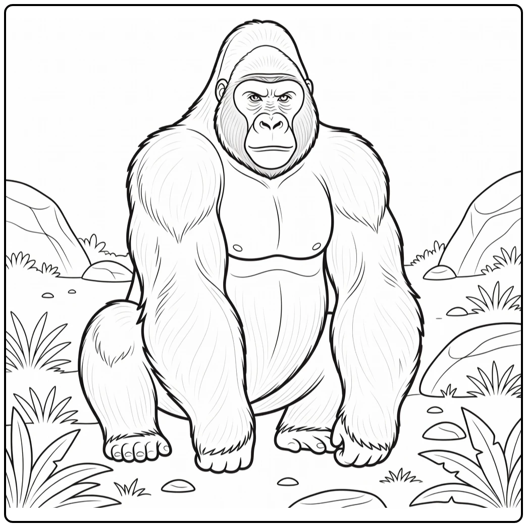 Gorilla coloring page showing a powerful jungle animal