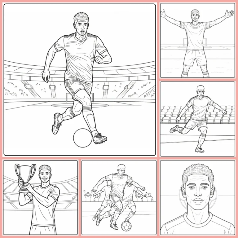 Bellingham coloring page collection preview with soccer action scenes