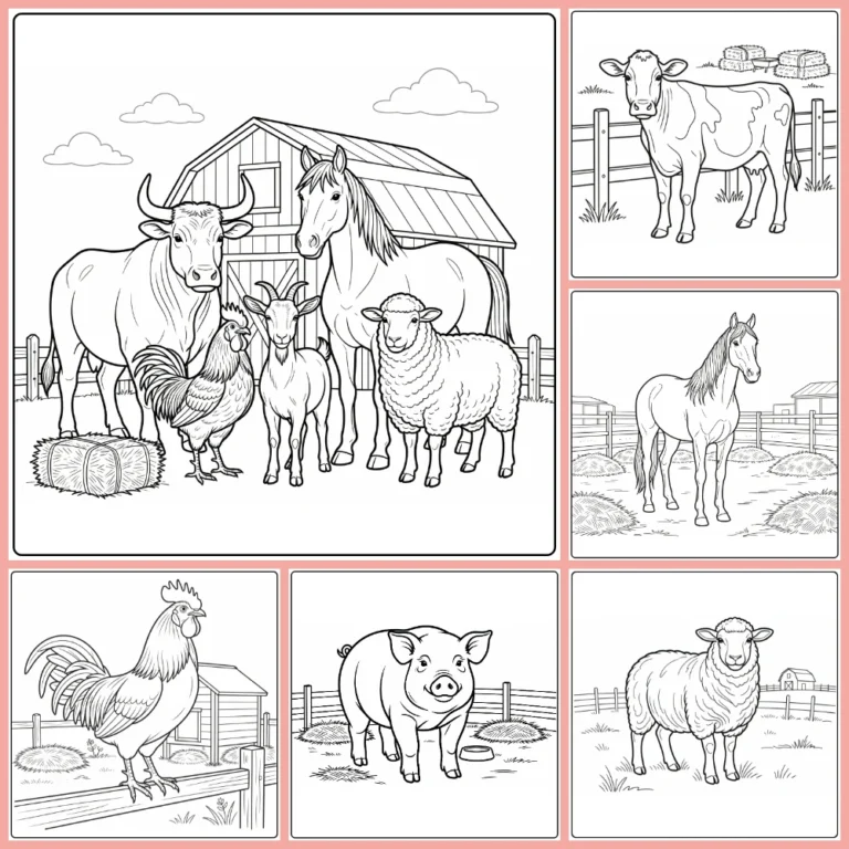 Farm animal coloring page collection preview with barnyard scenes