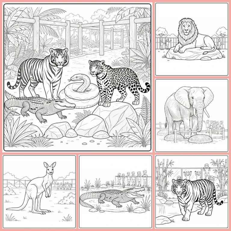 Zoo coloring page collection preview with many zoo animals