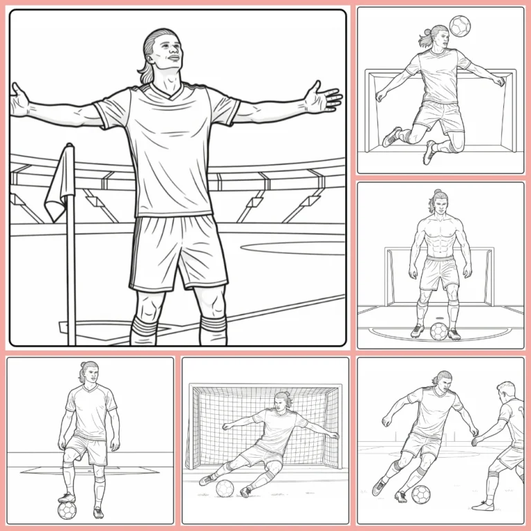 Haaland coloring page collection preview featuring soccer action scenes