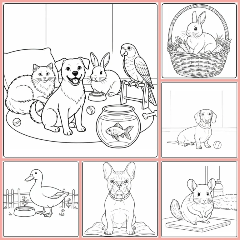 Pet coloring page collection preview with common household pets