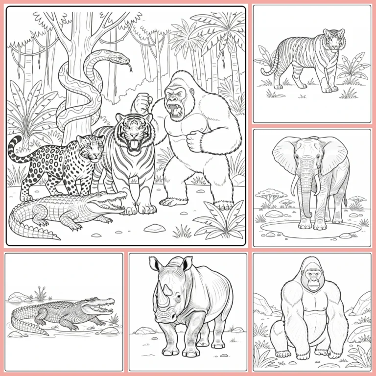 Jungle animal coloring page collection preview with wild animals