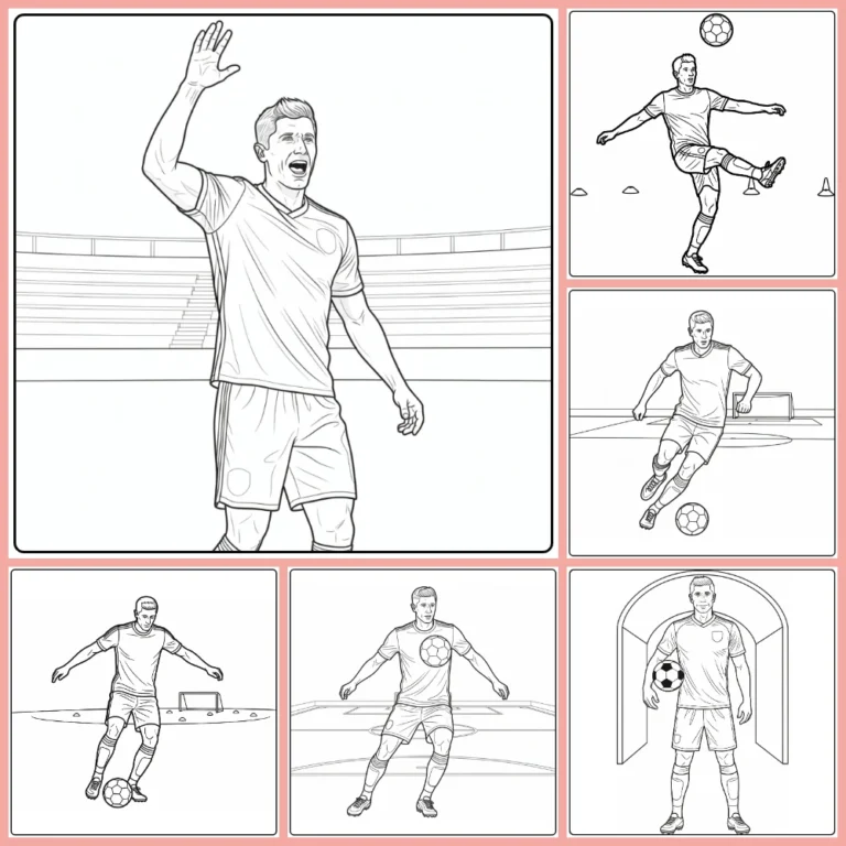 Lewandowski coloring page collection preview with soccer action scenes
