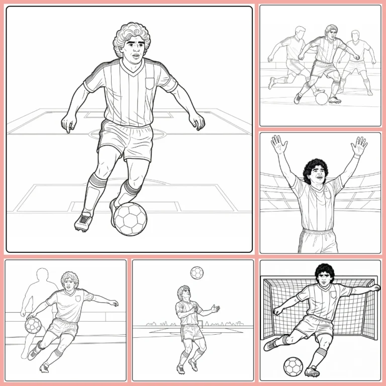 Maradona coloring page collection preview with soccer action scenes