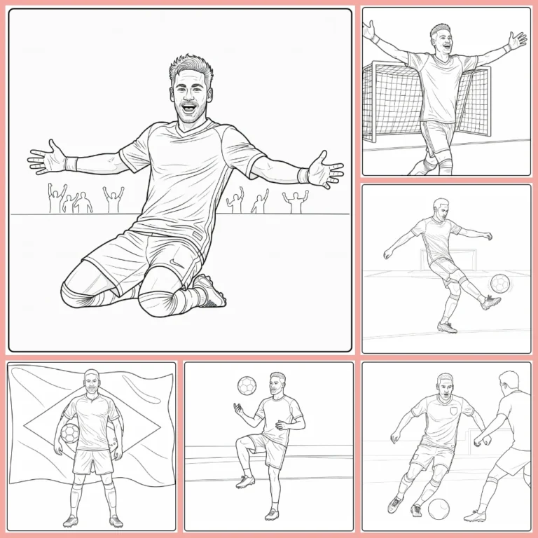 Neymar coloring page collection preview featuring soccer tricks and goals