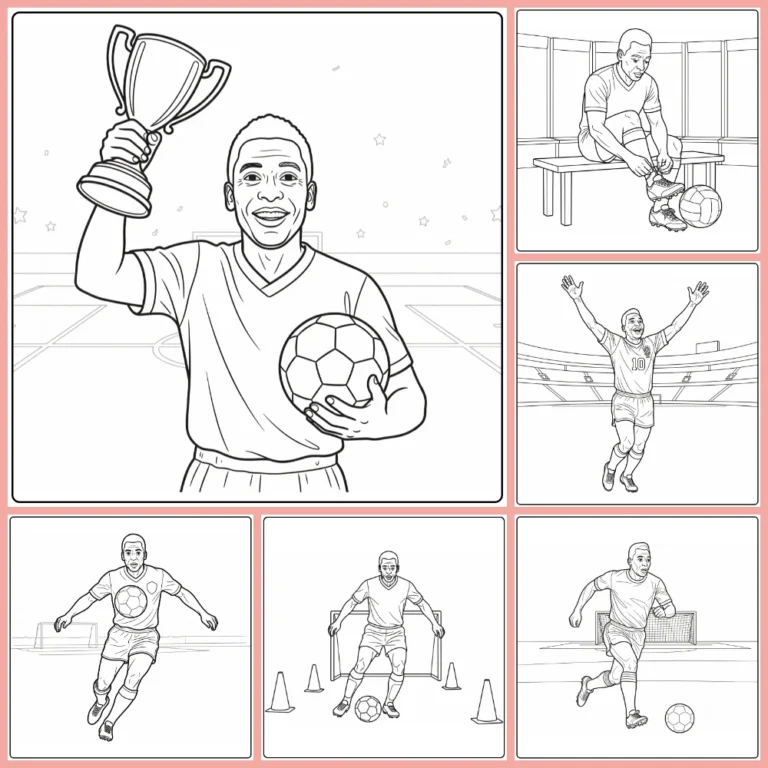 Pelé coloring page collection preview with vintage soccer action