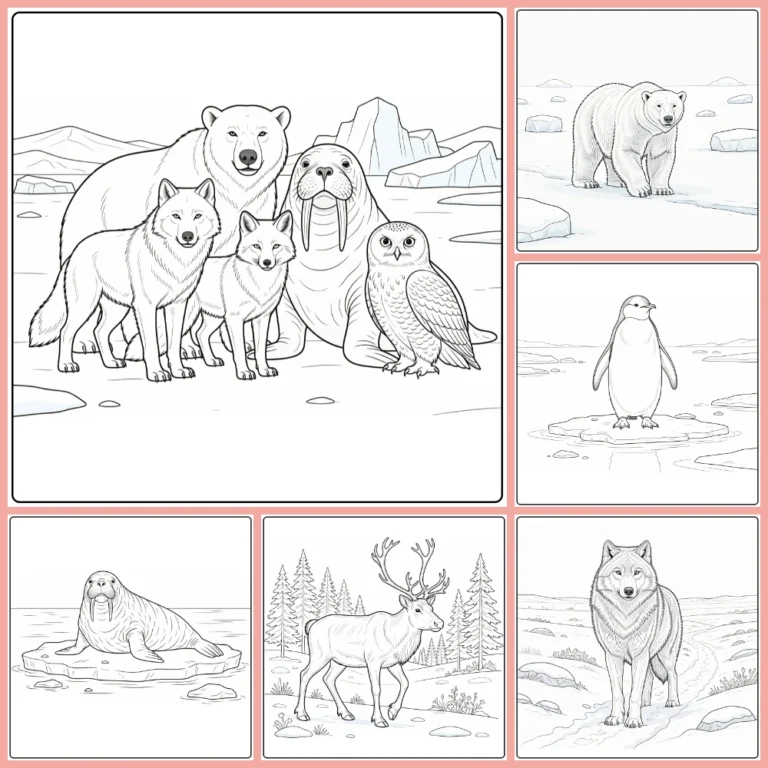 Polar animal coloring page collection preview with arctic animals