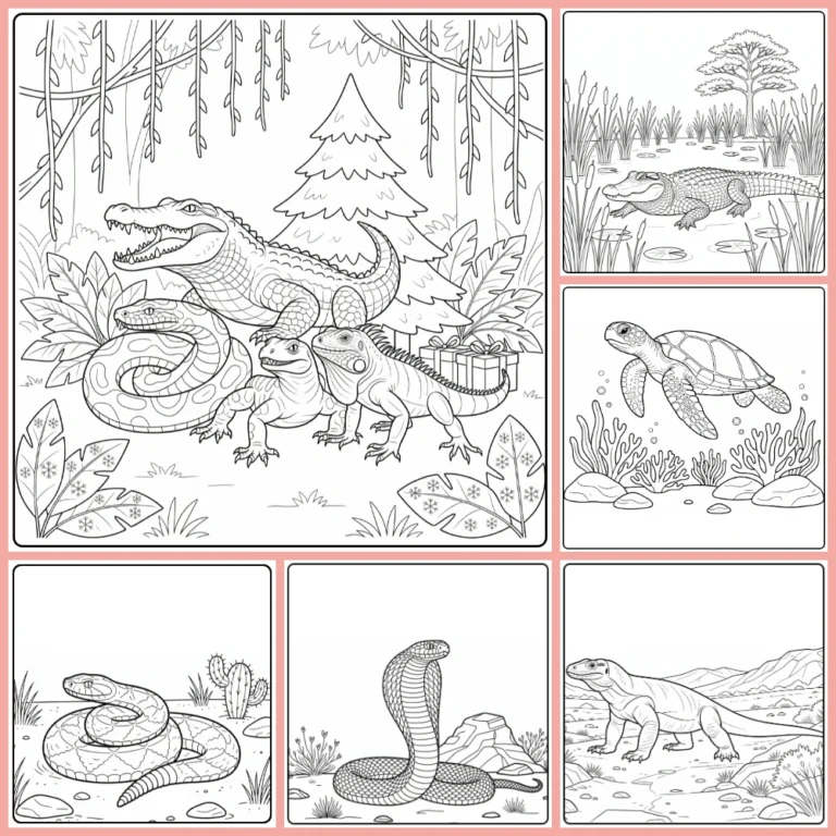 Reptile coloring page collection preview with scaled animals