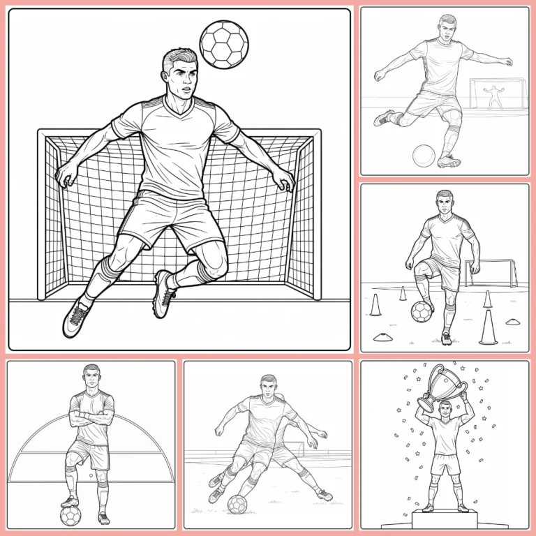 Cristiano Ronaldo coloring page collection preview with soccer action